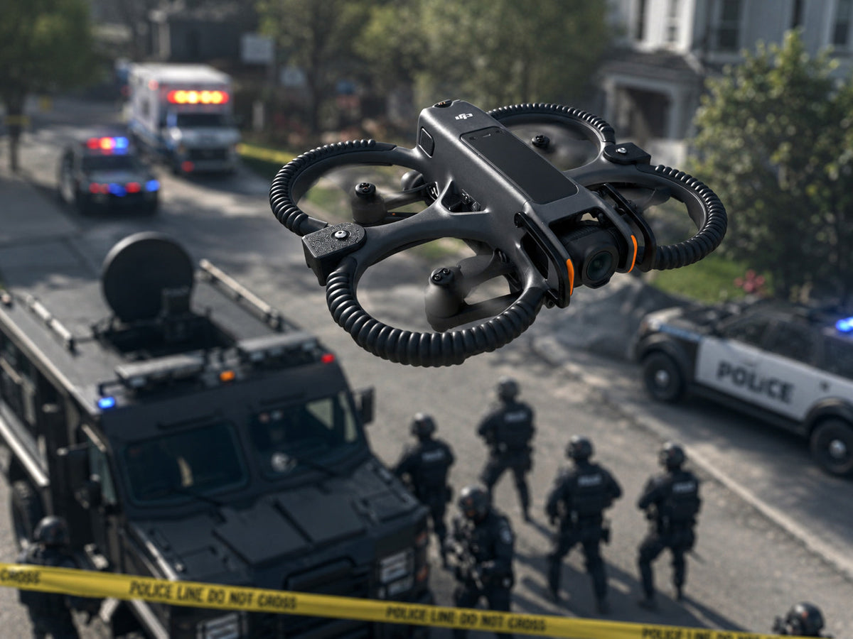 DJI Avata 2 drone from Drone-Works being flown overhead a swat operation. The Avata 2 is the ultimate tactical interior drone
