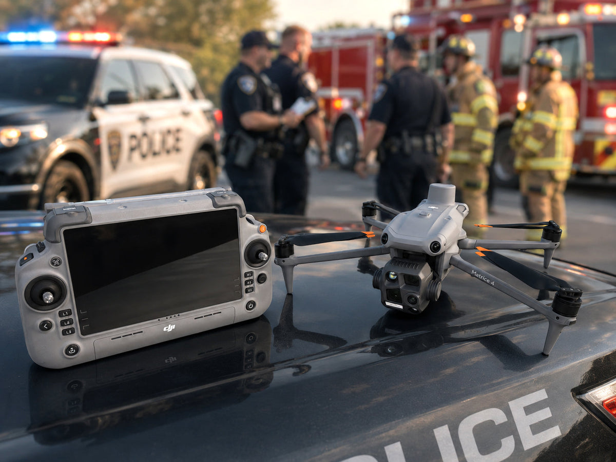 DJI Matrice 4T public safety combo drone from Drone-Works being used in a tactical operation with police and fire personnel