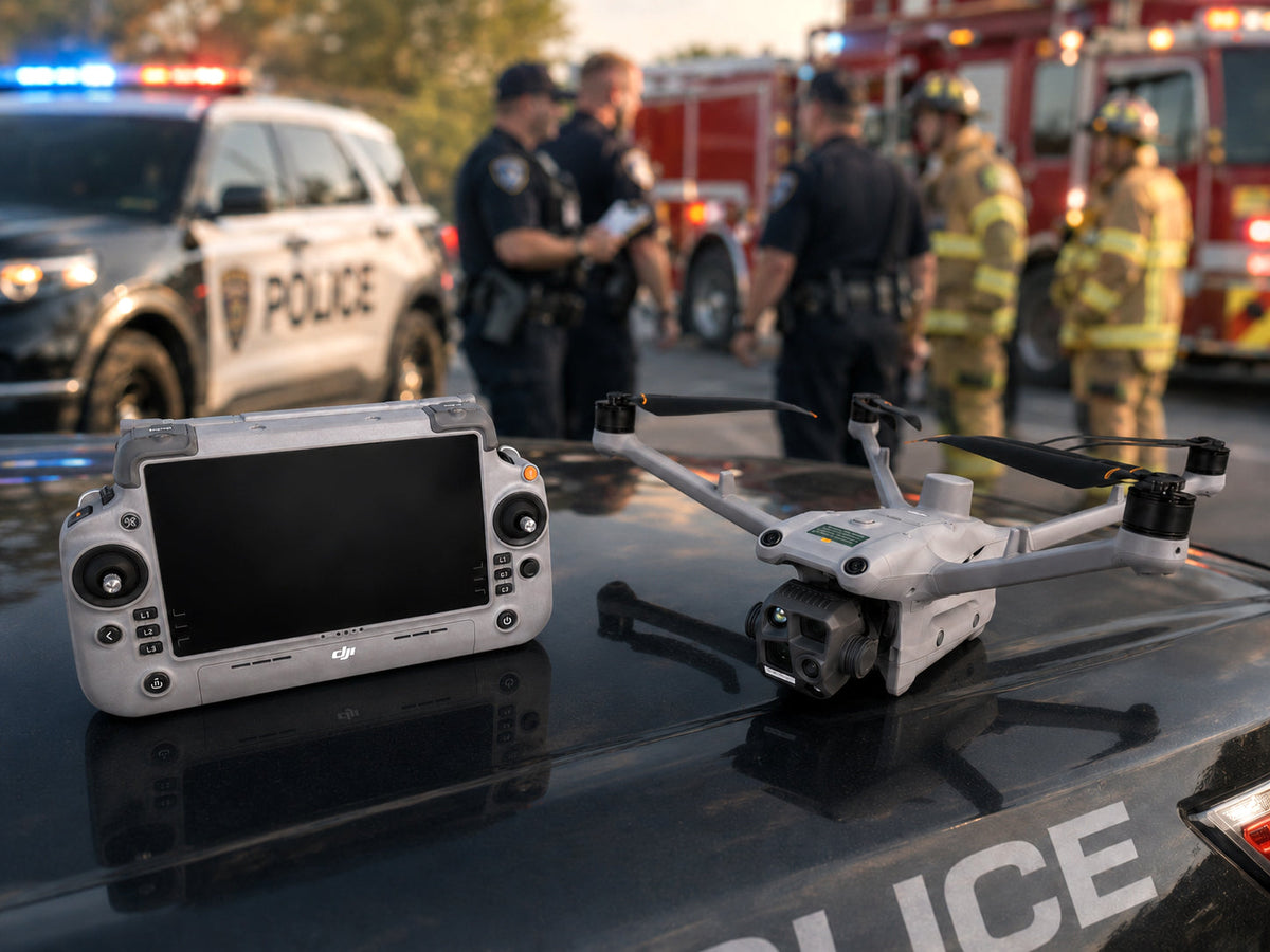 DJI Matrice 4TD thermal enterprise drone with remote from Drone-Works shown being used on a public safety emergency scene
