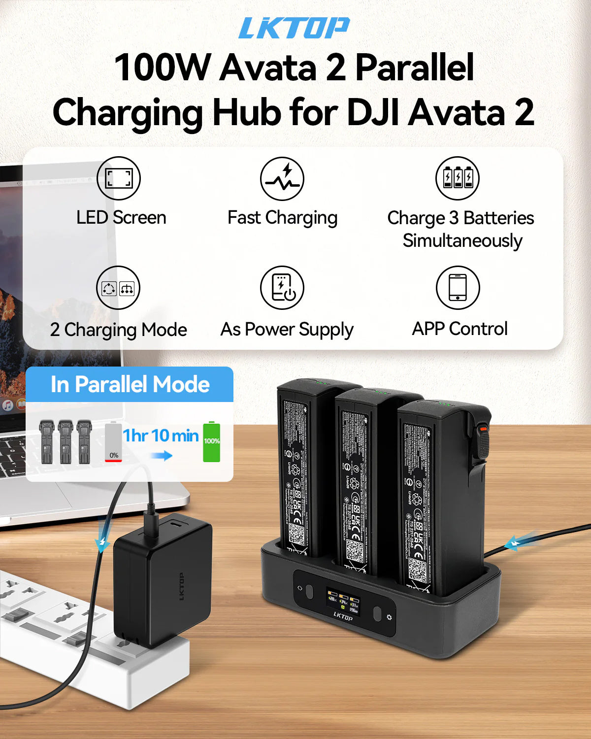 LKTOP 100W Fast Charging Hub for DJI Avata 2 drone batteries from Drone-Works