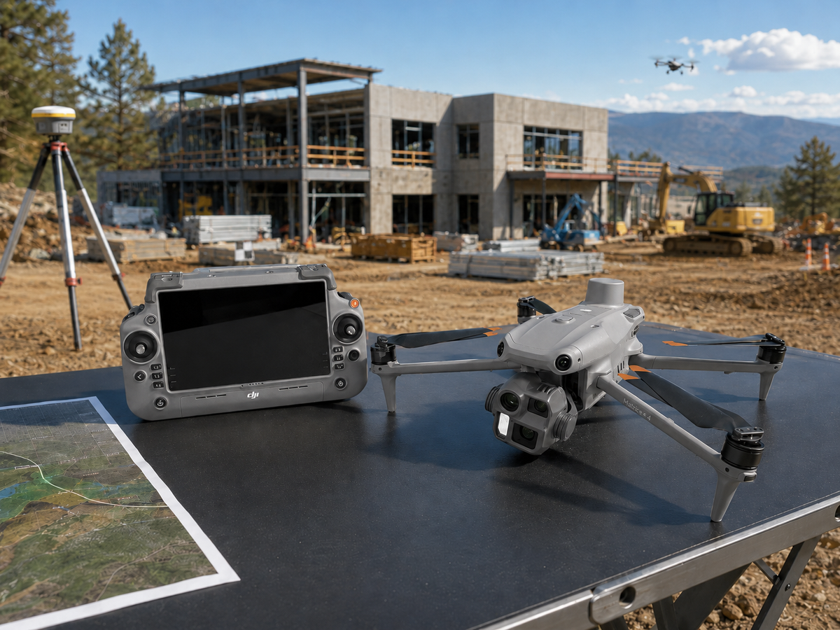 DJI Matrice 4E mapping drone from Drone-Works being shown in use at a jobsite