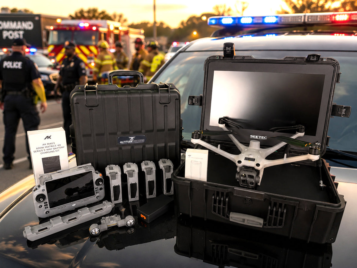 DJI Matrice 4TD thermal enterprise drone combo with Seetec WPC 215 monitor from Drone-Works shown being used on a public safety emergency scene